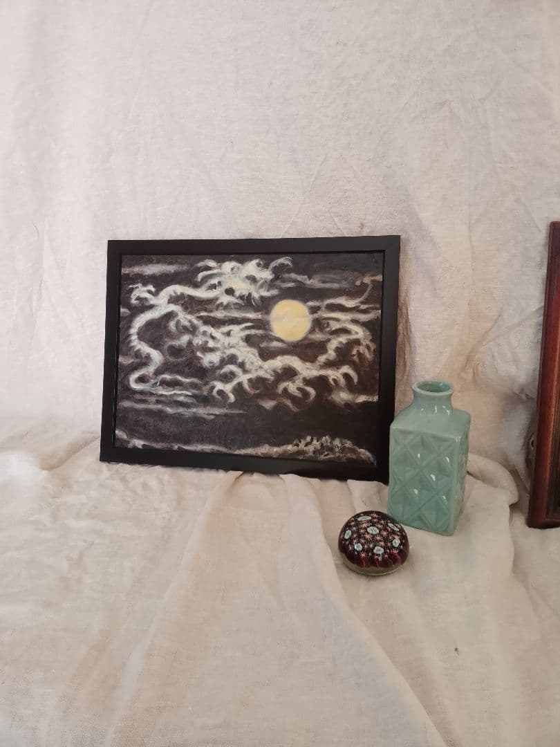 月と龍。油彩画 11ｘ9 インチサイズ