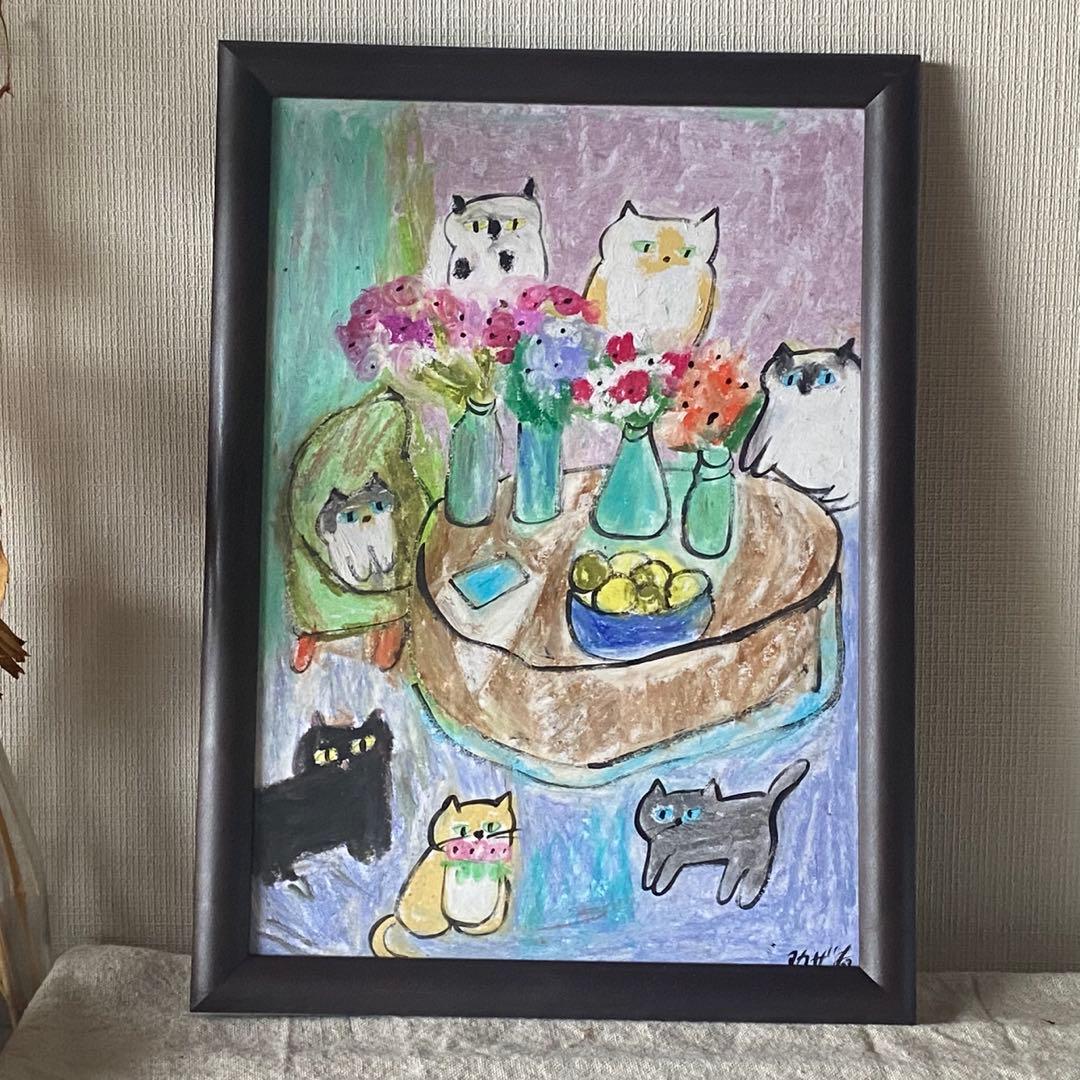 絵画 。手描き【きれいな花をたくさん買って部屋に置いてある】