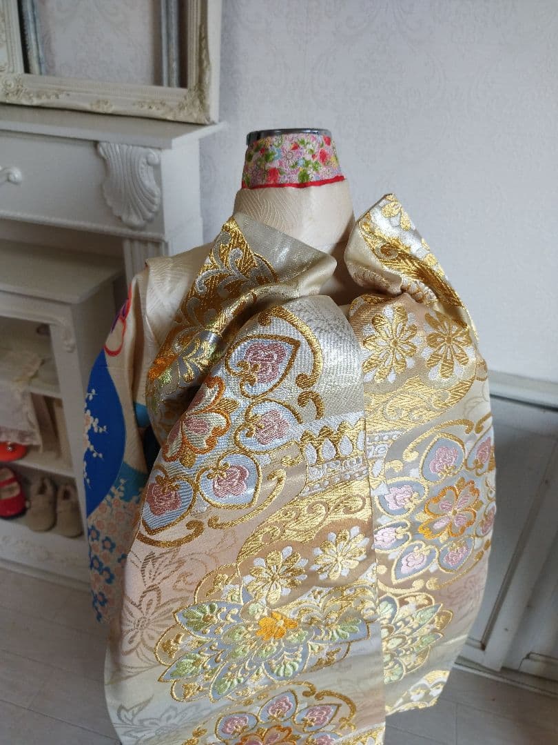 白金に華紋のだらりの帯☆作り帯