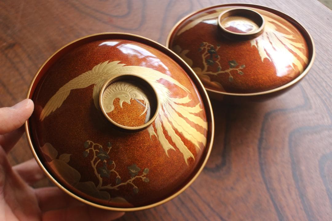 デッドストック！極上内朱梨地に優美な鳳凰蒔絵の映えるお椀2点（検輪島塗雑煮椀