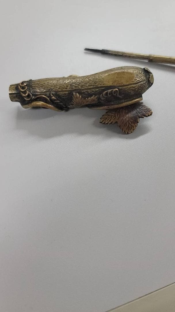 時代物　古銅　象嵌装飾入り　矢立て　書道具　筆入り　小さい