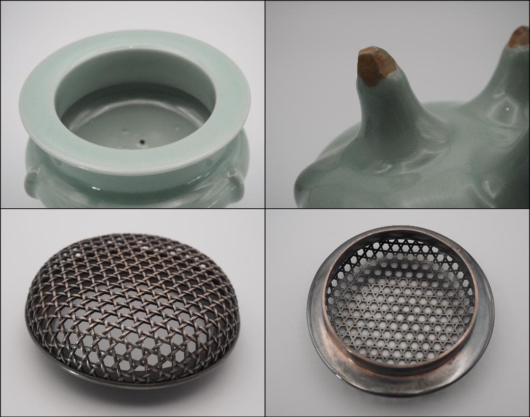 帝室技芸員 初代諏訪蘇山造 青磁 袴腰香炉 純銀透彫火舎 二代蘇山極箱付