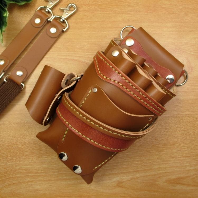 キャメル＆茶色　本革シザーケース＆ブラシケース　６丁差し　SCA-57/CCA