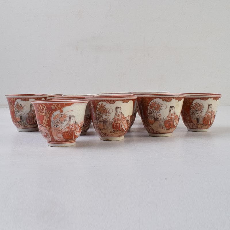 九谷焼 古九谷 赤絵金彩 煎茶碗 3種十四客まとめて 時代箱