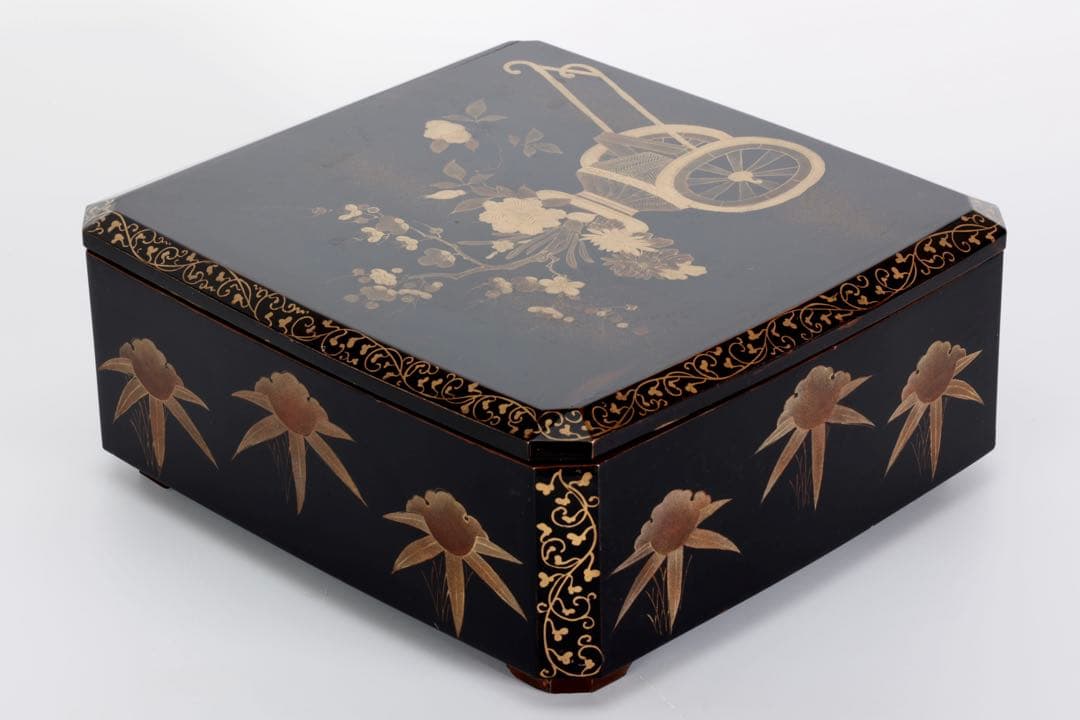 時代漆器 黒漆金蒔絵 花車文 ー段重箱 共箱付 菓子器 御節料理 古美術 骨董品