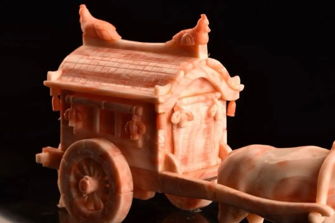 本珊瑚 珊瑚彫刻 宝石珊瑚 珊瑚置物コ－ラル 牛引き御所車 珊瑚宝飾