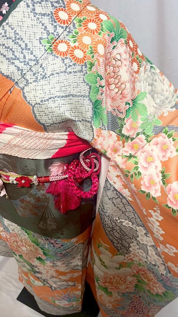 美品】振袖フルセット成人式6点セット オレンジ/緑/黒/ピンク/花柄/