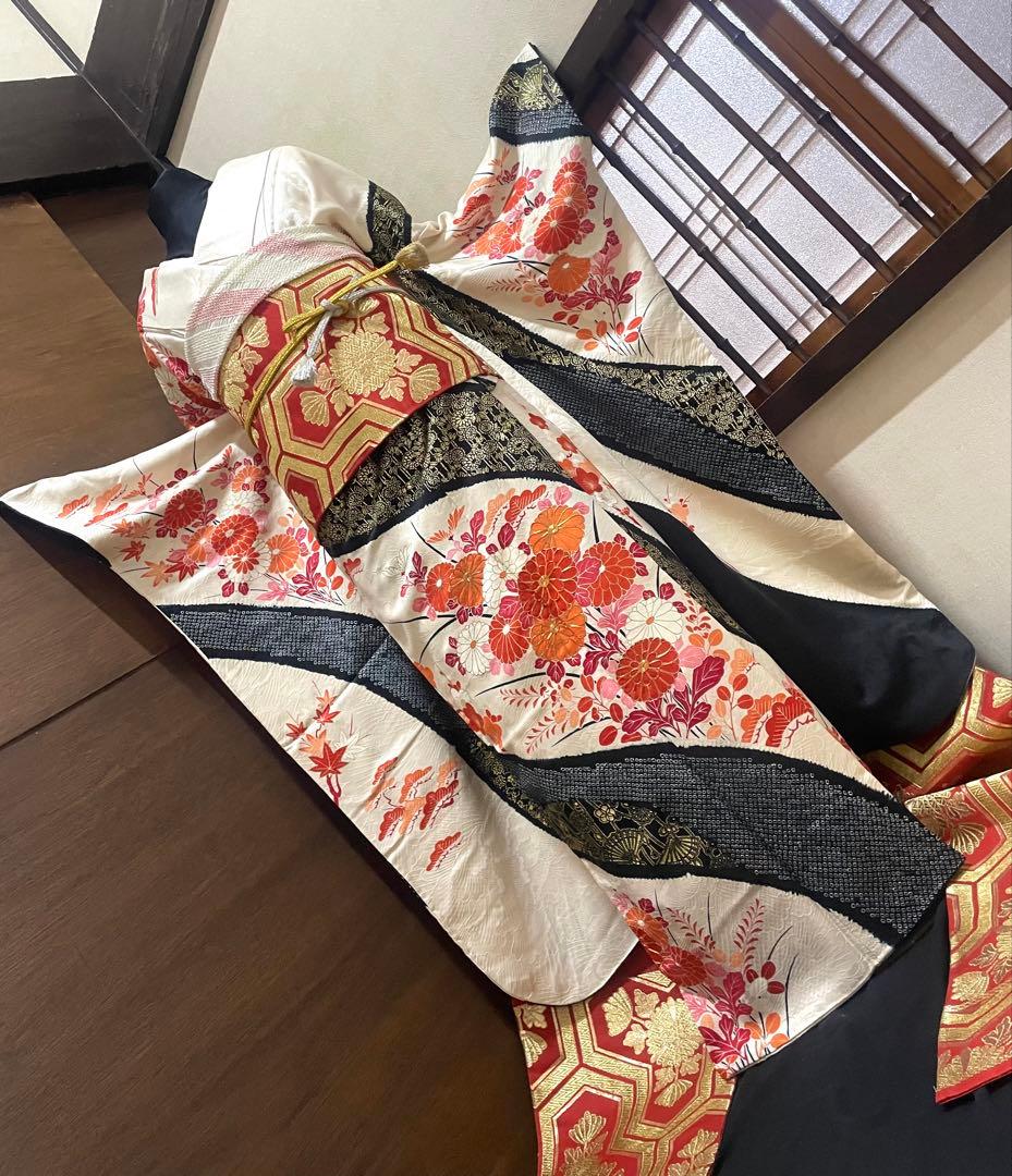 振袖 フルセット6点サイズM〜L駒刺繍 絞り 檜扇枝花