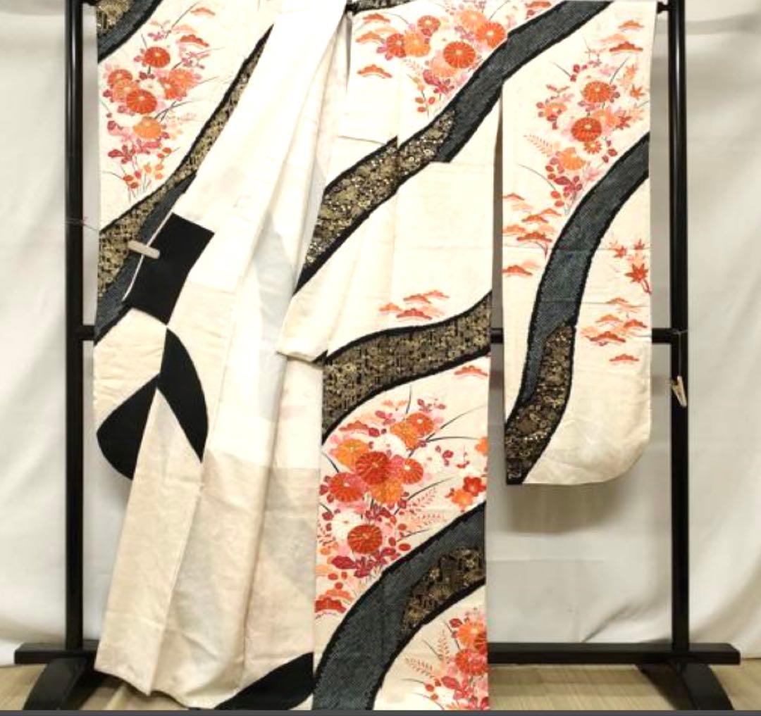 振袖 フルセット6点サイズM〜L駒刺繍 絞り 檜扇枝花