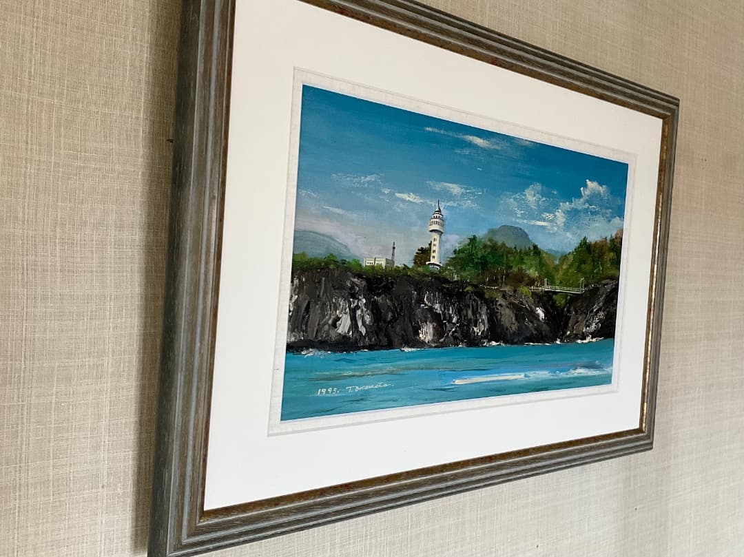 油彩原画　岡本利一作　伊豆城ヶ崎海景　M8号キャンバス＋オーダーフレーム　額装品