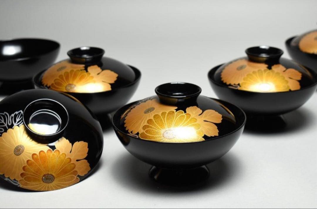 輪島塗 蒔絵菊花図 五客 美術品・アンティーク・コレクション