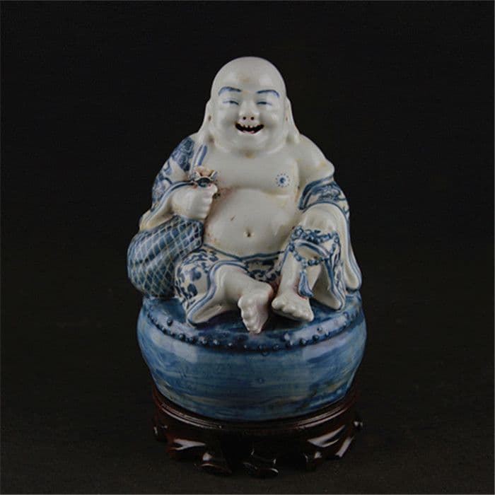 中国美術 青花坐鼓布袋羅漢仏像 陶磁器 装飾品 工芸品 置物