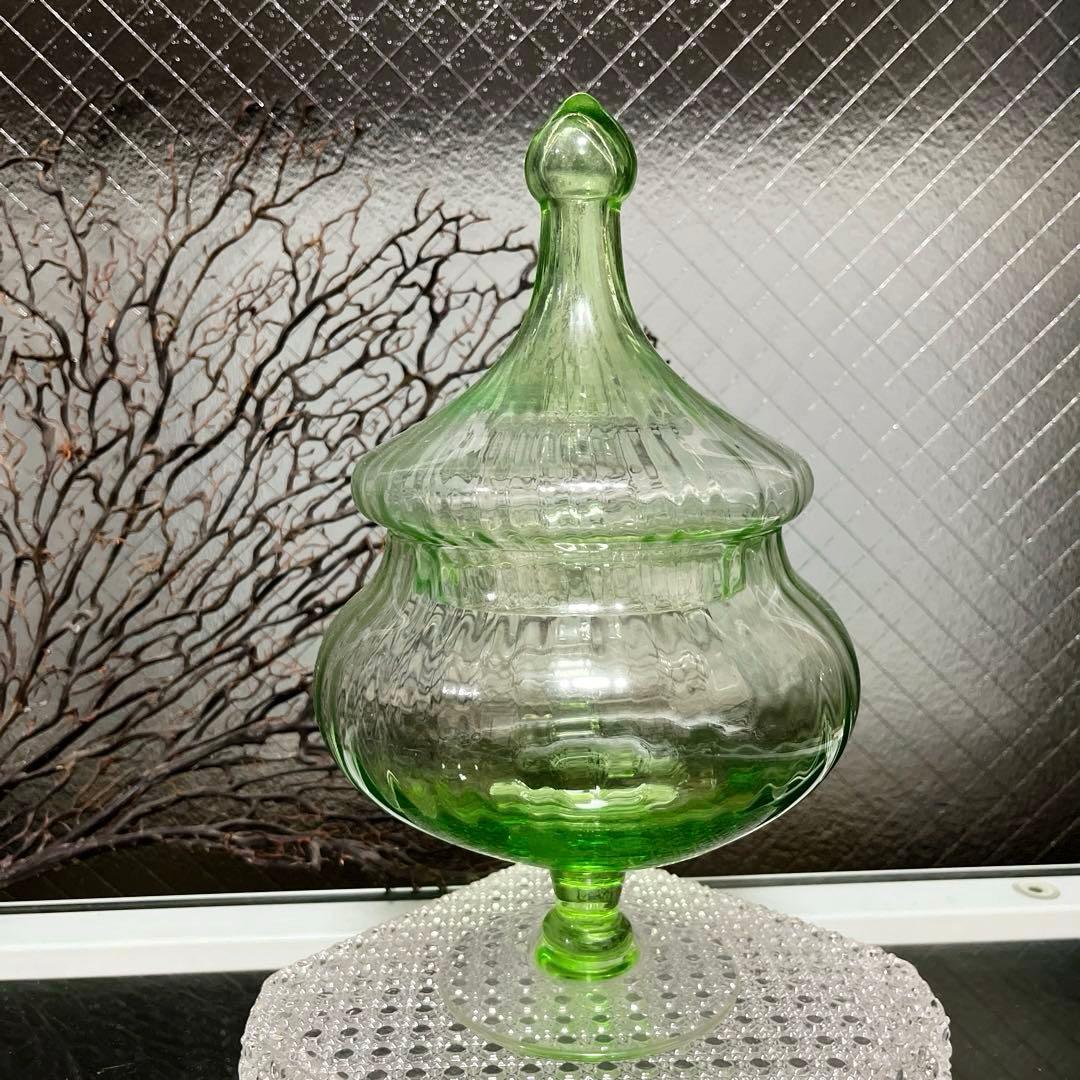 骨董 時代ガラス ライムグリーン ボンボニエール 菓子器 キャニスター