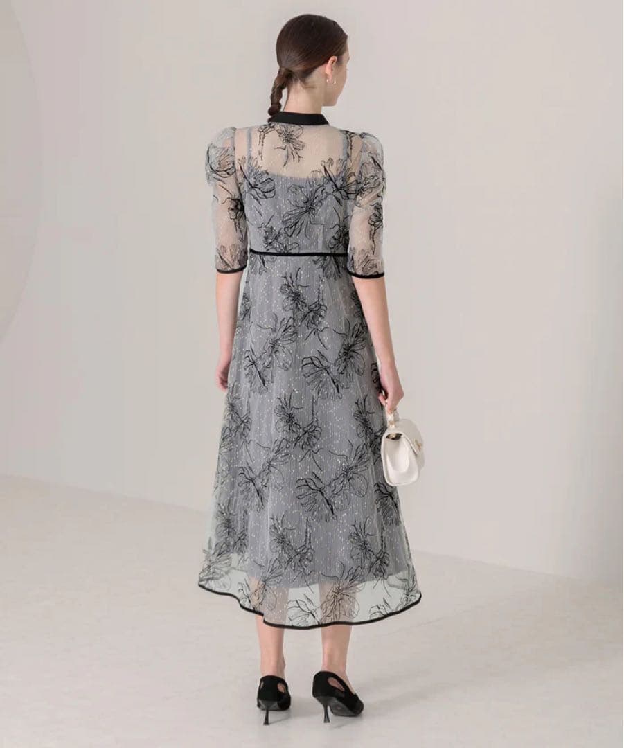 レジャLeja パイピングハイネック花柄ラメレースワンピースドレス Lサイズ