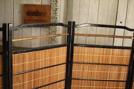 古い竹簾屏風 衝立 目隠し 四つ折り 透かし彫り 古民家 古道具