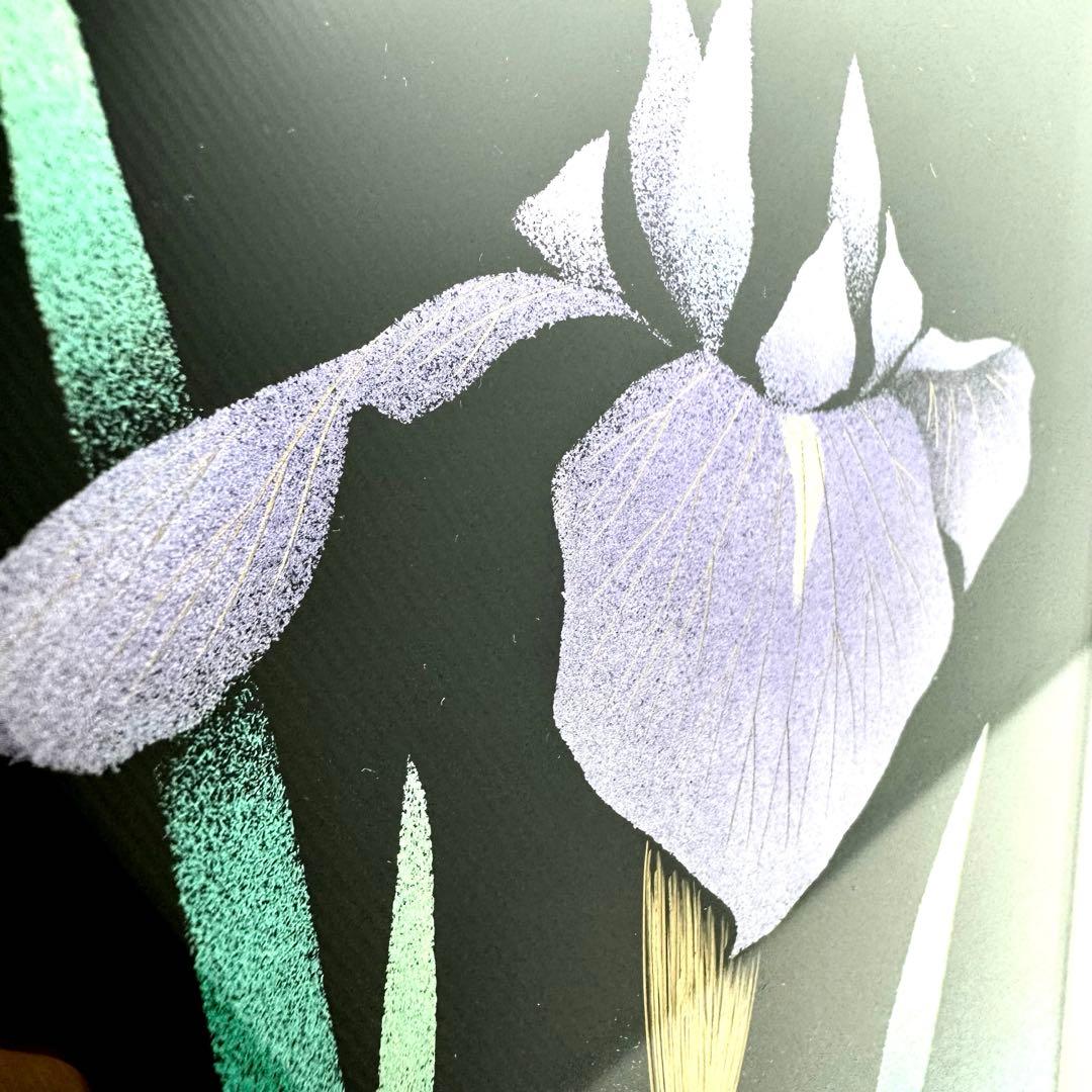 輪島塗 友田裕次 沈金 沈銀 あやめ 額装作品 絵画 額縁 共箱 説明書 漆