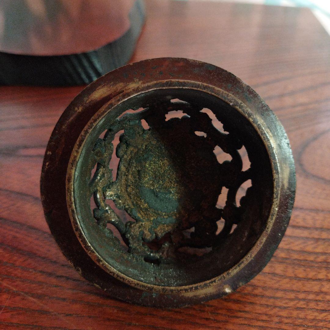 骨董　銅製香炉　三脚　木製香炉台 付き