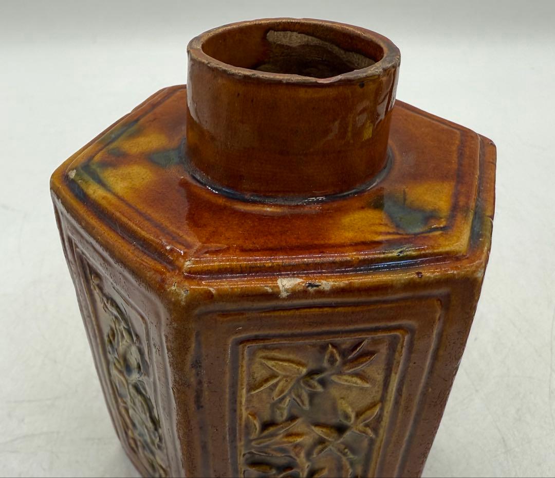 中国　清時代　素三彩　梅竹詩紋六角茶壺　アンティーク　送料込み251121