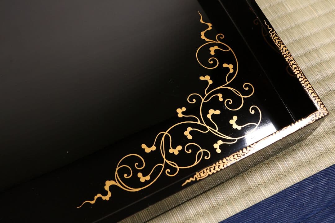 漆芸 木製漆器 唐草蒔絵 黒塗 長方盆 大小一組 2枚 脇取 広盆【MA719】