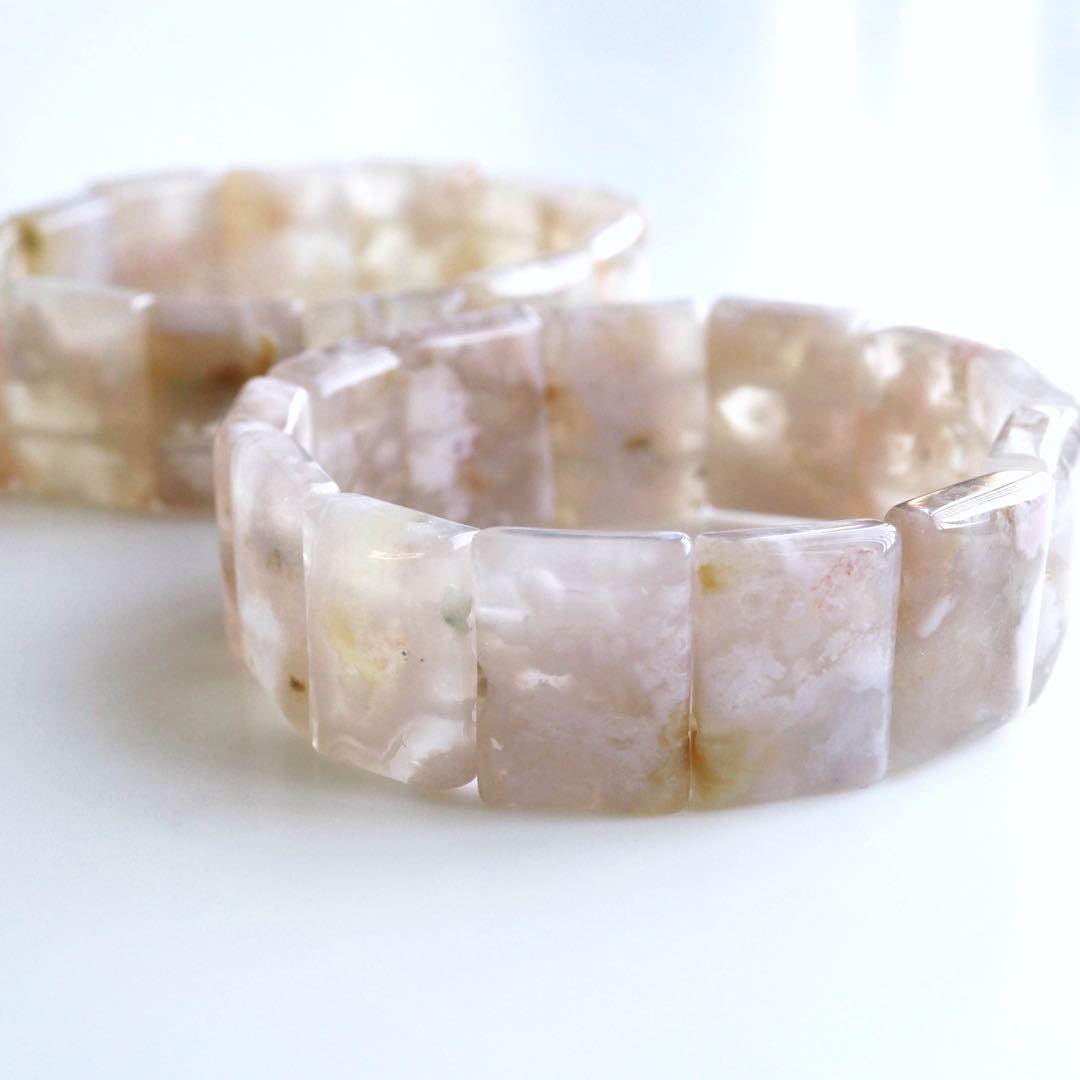 【抹茶】《2点限定》希少チェリーブロッサムアゲートのスクエアゴムブレス