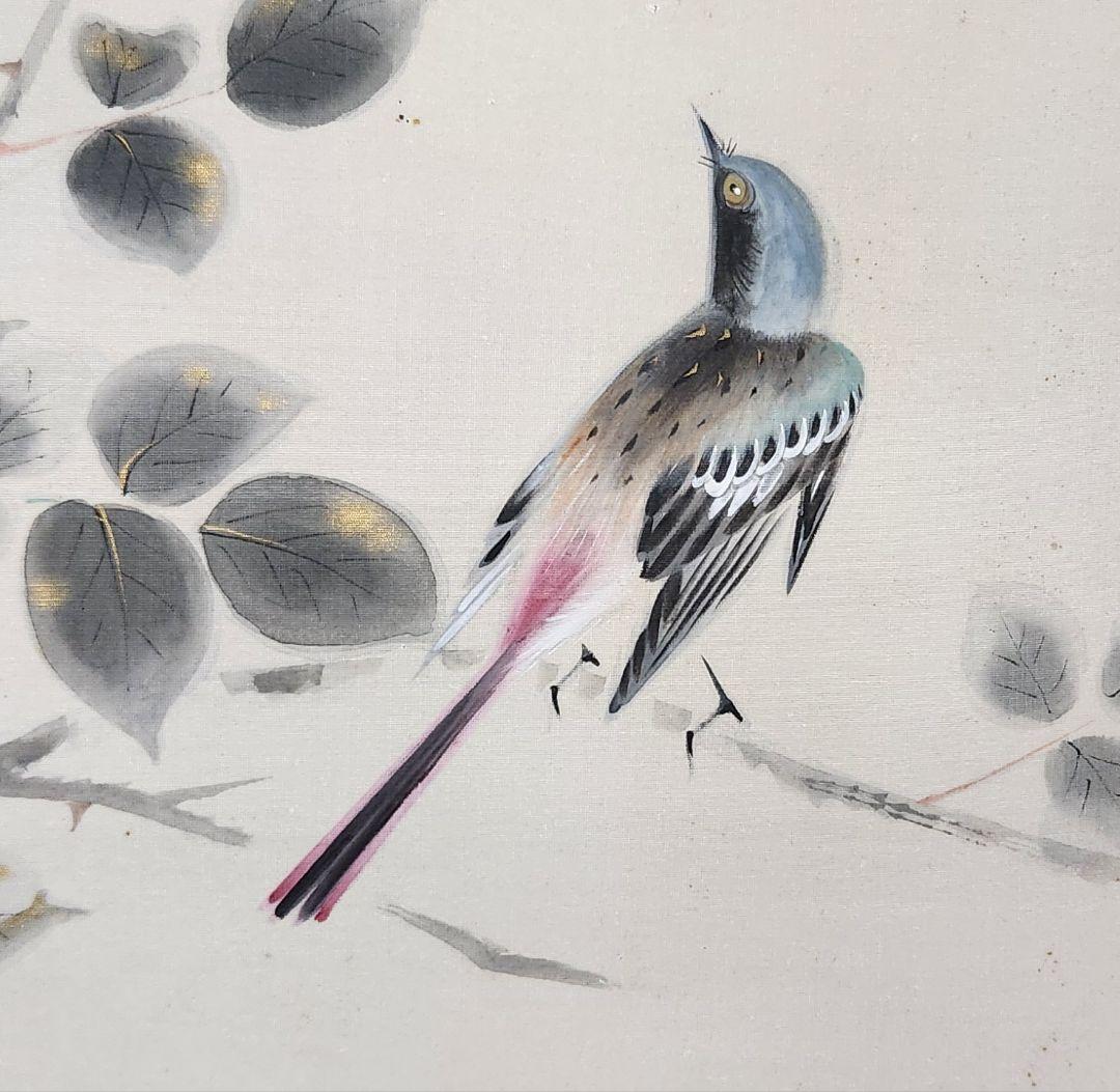 薔薇小禽図】新村友畝 2695 バラ 掛け軸 肉筆 共箱 荒木十畝門下