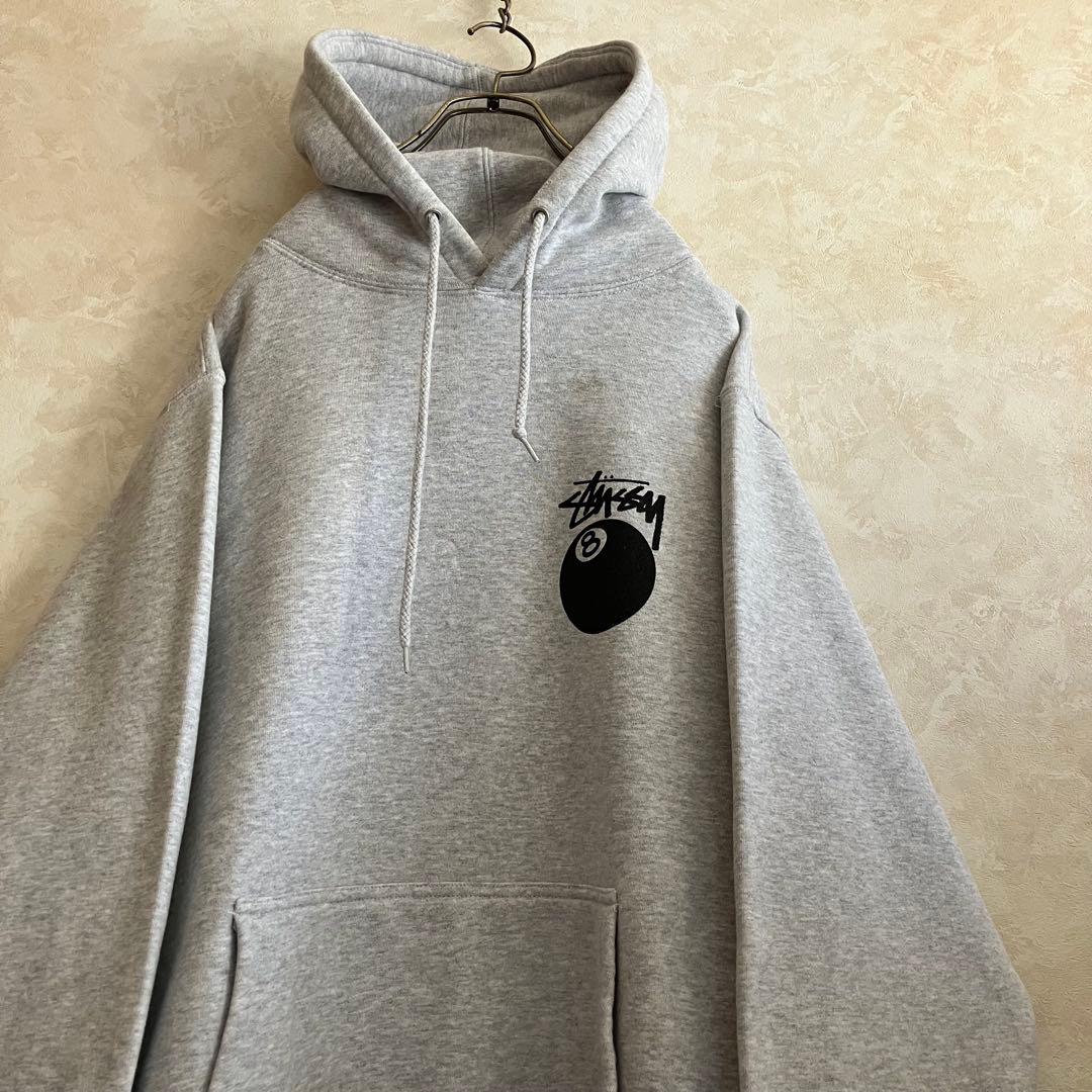 古着 ステューシー 両面ロゴ 8ボール パーカー グレー XL 裏地フリース