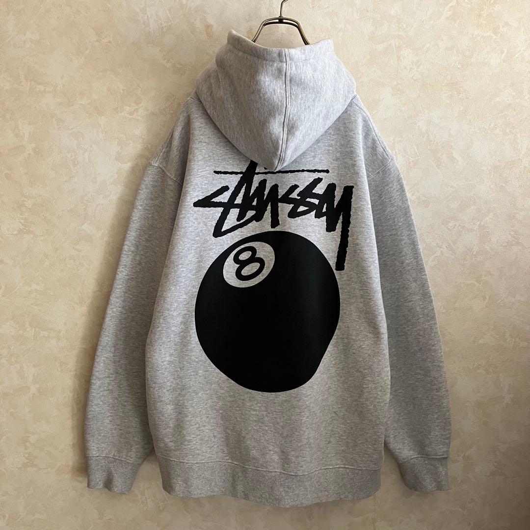 古着 ステューシー 両面ロゴ 8ボール パーカー グレー XL 裏地フリース