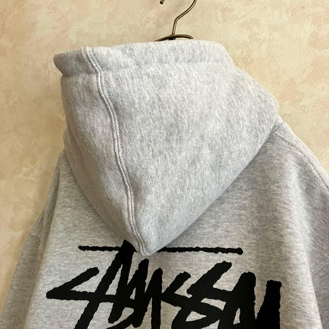 古着 ステューシー 両面ロゴ 8ボール パーカー グレー XL 裏地フリース