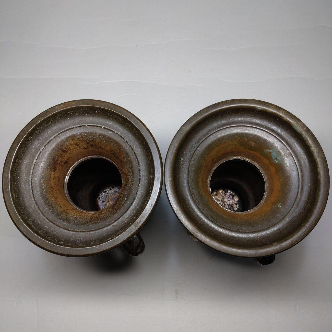 銅製 花鳥図 五具足 在銘／獅子香炉 燭台 花立 法具 仏教 仏壇 彫金 獣耳