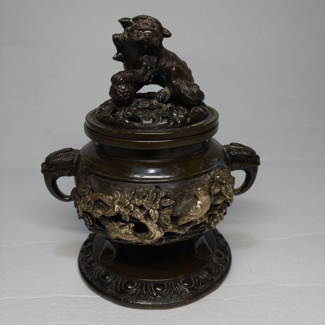 銅製 花鳥図 五具足 在銘／獅子香炉 燭台 花立 法具 仏教 仏壇 彫金 獣耳