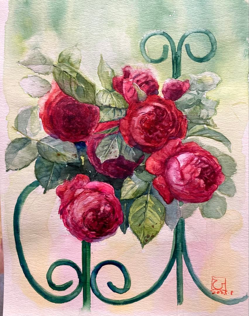 仁戸田秀吉「花」40号大,水彩,水彩界の前衛的静物作家,茨城県近代