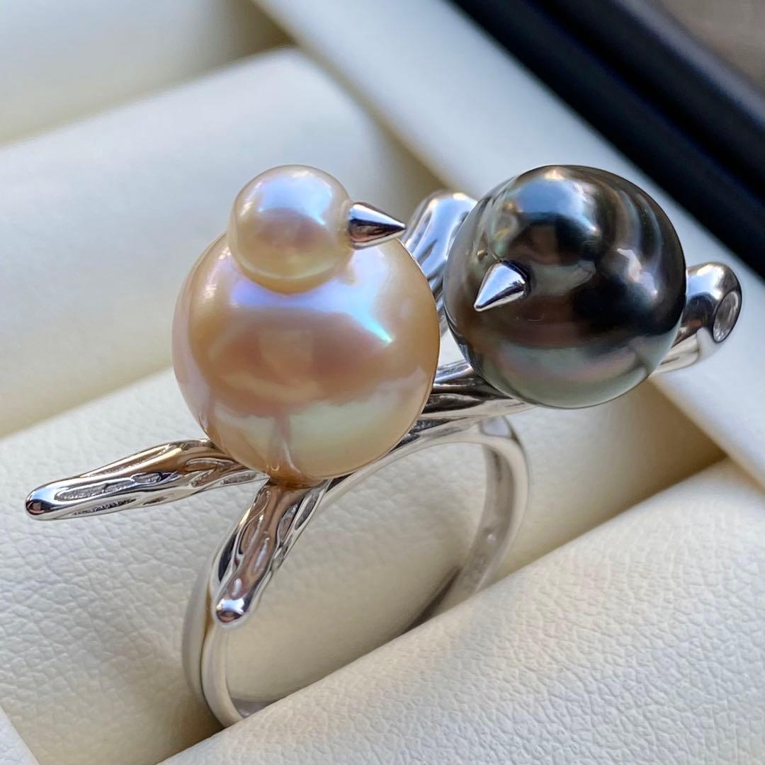 本真珠　南洋黒蝶真珠&白蝶真珠ダブルリング「鳥と枝」グリーンゴールドL1268