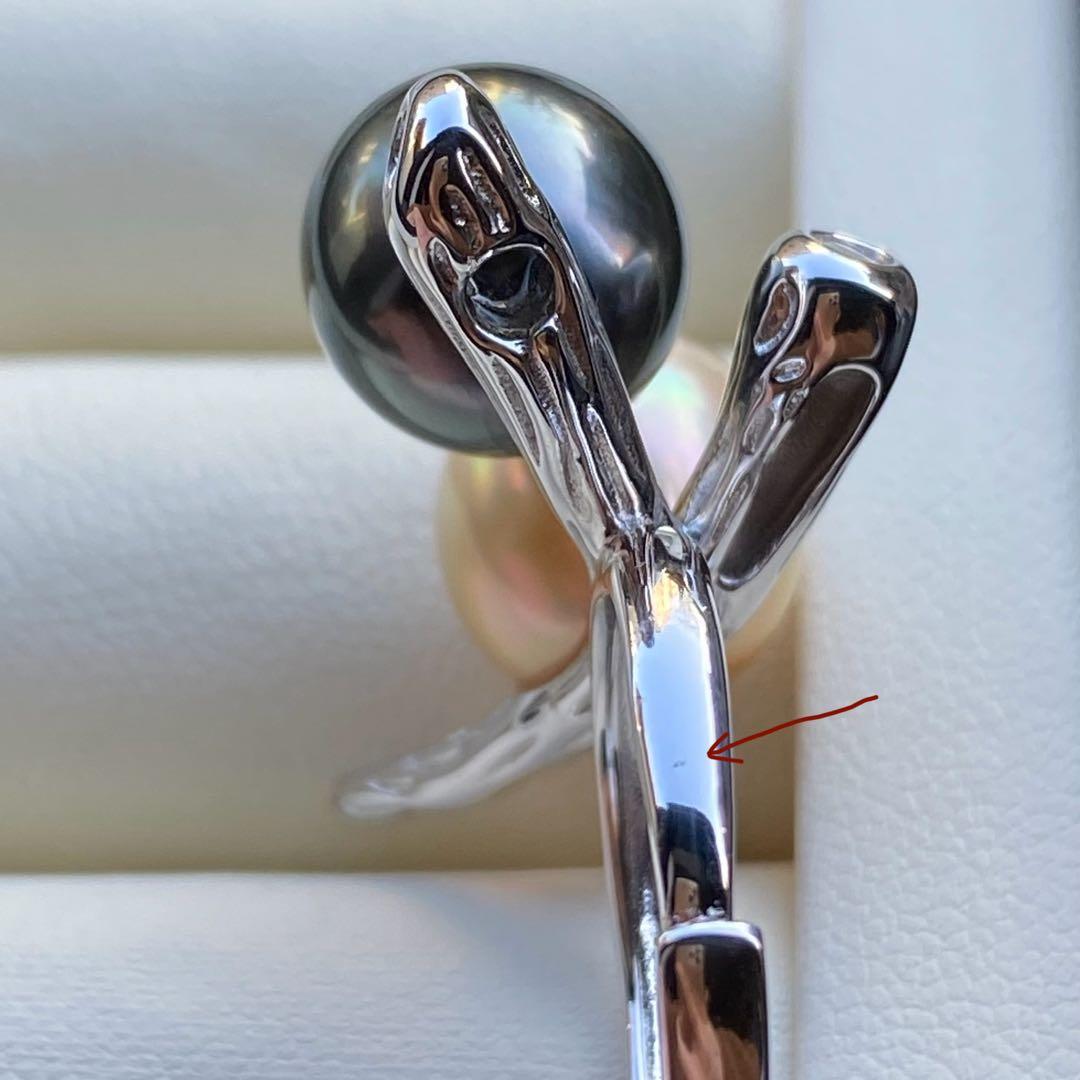 本真珠　南洋黒蝶真珠&白蝶真珠ダブルリング「鳥と枝」グリーンゴールドL1268