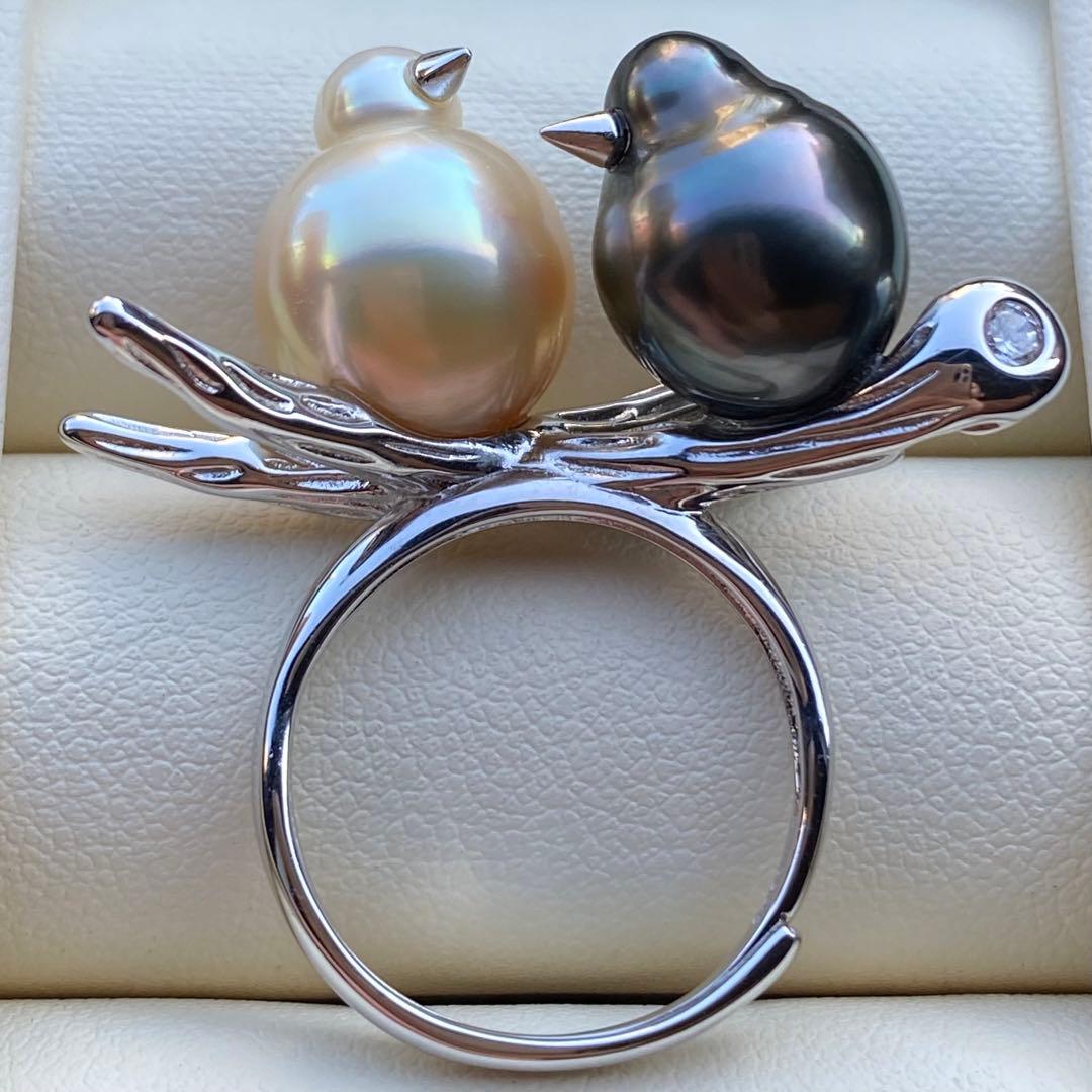 本真珠　南洋黒蝶真珠&白蝶真珠ダブルリング「鳥と枝」グリーンゴールドL1268