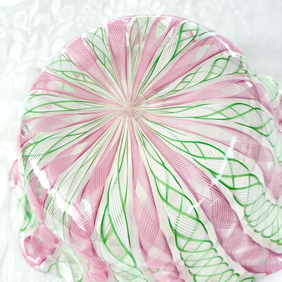 ベネチア ムラーノ バラリン工房 レースガラス ボウル ピンク グリーン