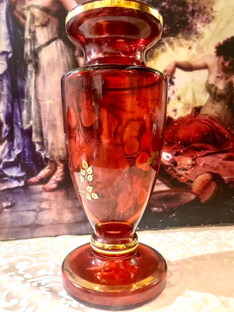 花瓶 ボヘミアグラス 大型 ボヘミアンガラス 赤 金彩 チェコスロバキア