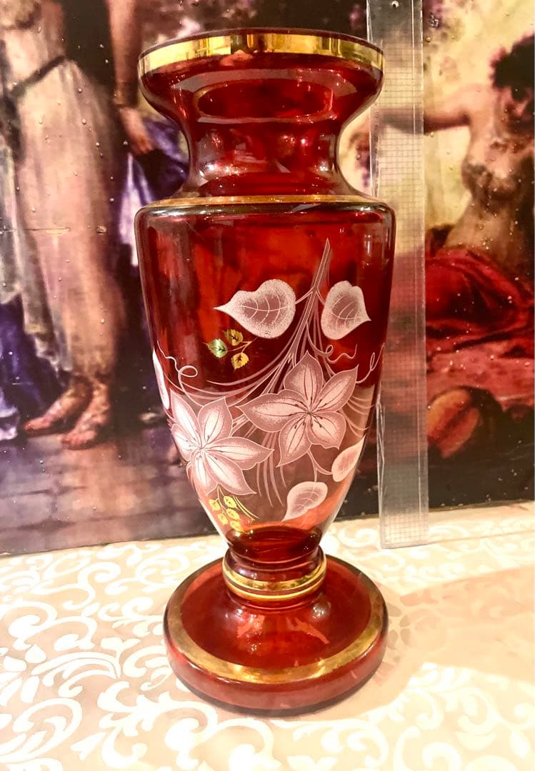 花瓶 ボヘミアグラス 大型 ボヘミアンガラス 赤 金彩 チェコスロバキア