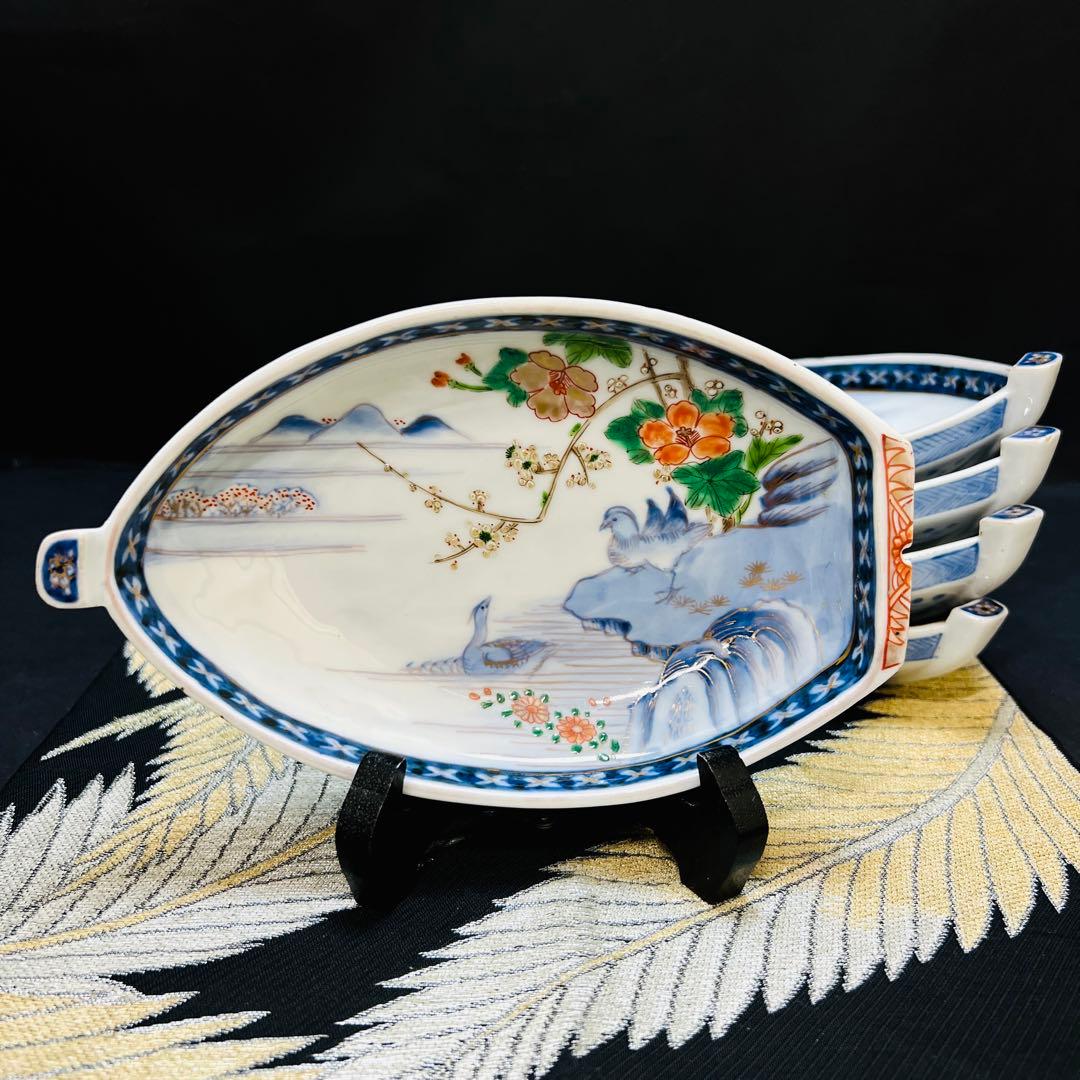 希少品 有田焼 古伊万里 染錦手 献上手川に鴛鴦花絵皿 宝
