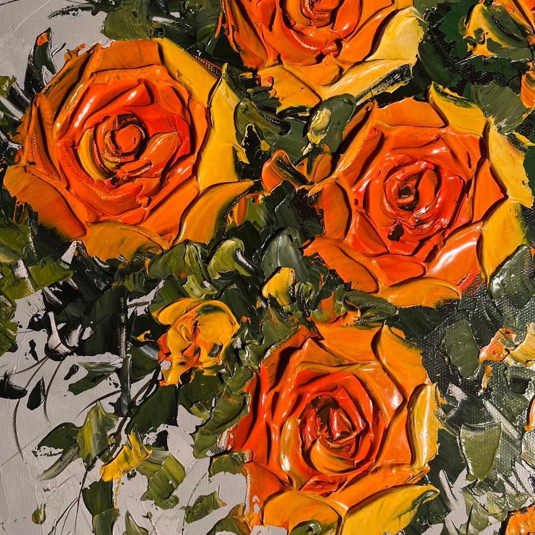 ★特大秀作★ 手書き油絵 イエローローズ 肉筆絵画 額付き インテリア 油彩画