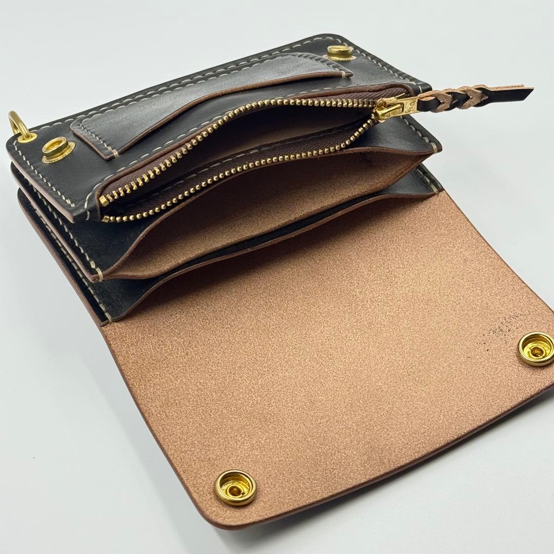 ミドルトラッカーウォレット(ブラック)茶芯　サドルレザー　タロンジッパー　手縫い