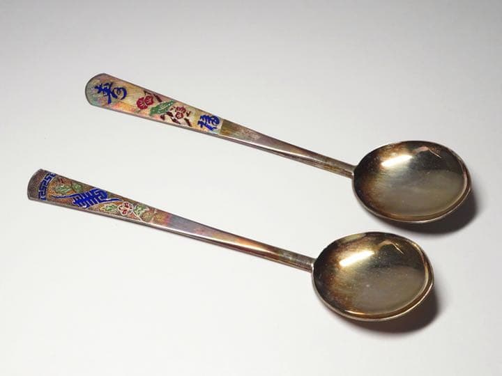 朝鮮の工芸品 銀製 七宝細工 銀匙箸2客 茶道具 箱付 李王家 朝鮮美術