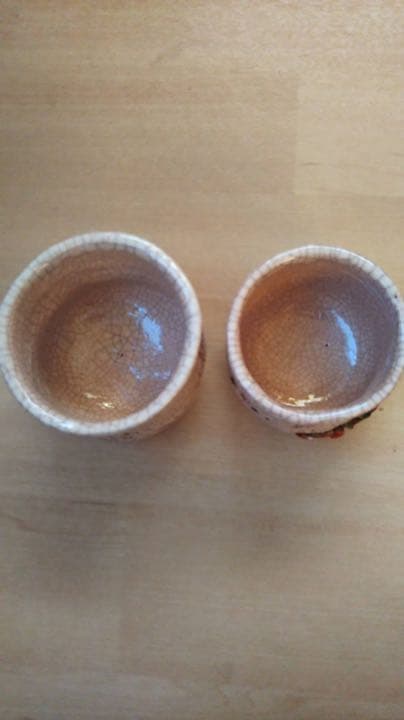 楽山焼 玉井楽山作 天神蟹精密彫り 蓋付き夫婦湯呑み茶碗 共箱（未使用