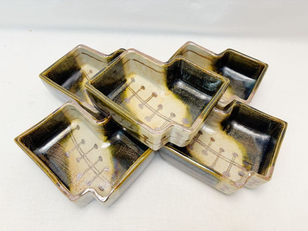 未使用 茶道具 加藤作助造 誰袖 織部 向付 5客組 足