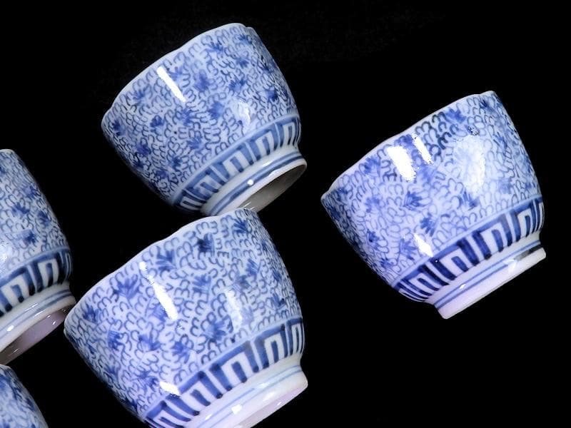 古伊万里　染付　微塵唐草　萩唐草の図　猪口　向付　５客　B015AS-CSj