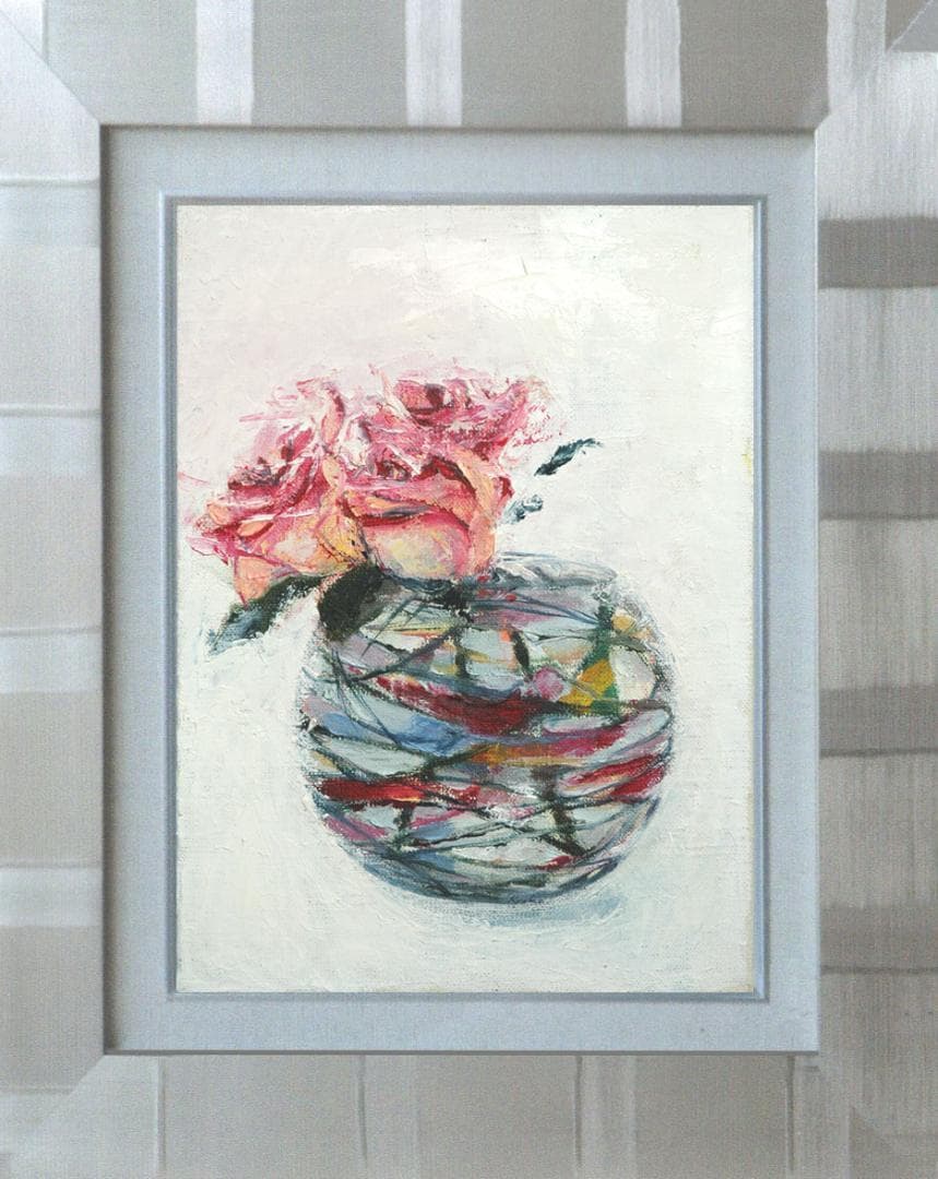 油絵 菅家令子 絵 絵画インテリア額付(青緑＋金色の枠)F4-070102