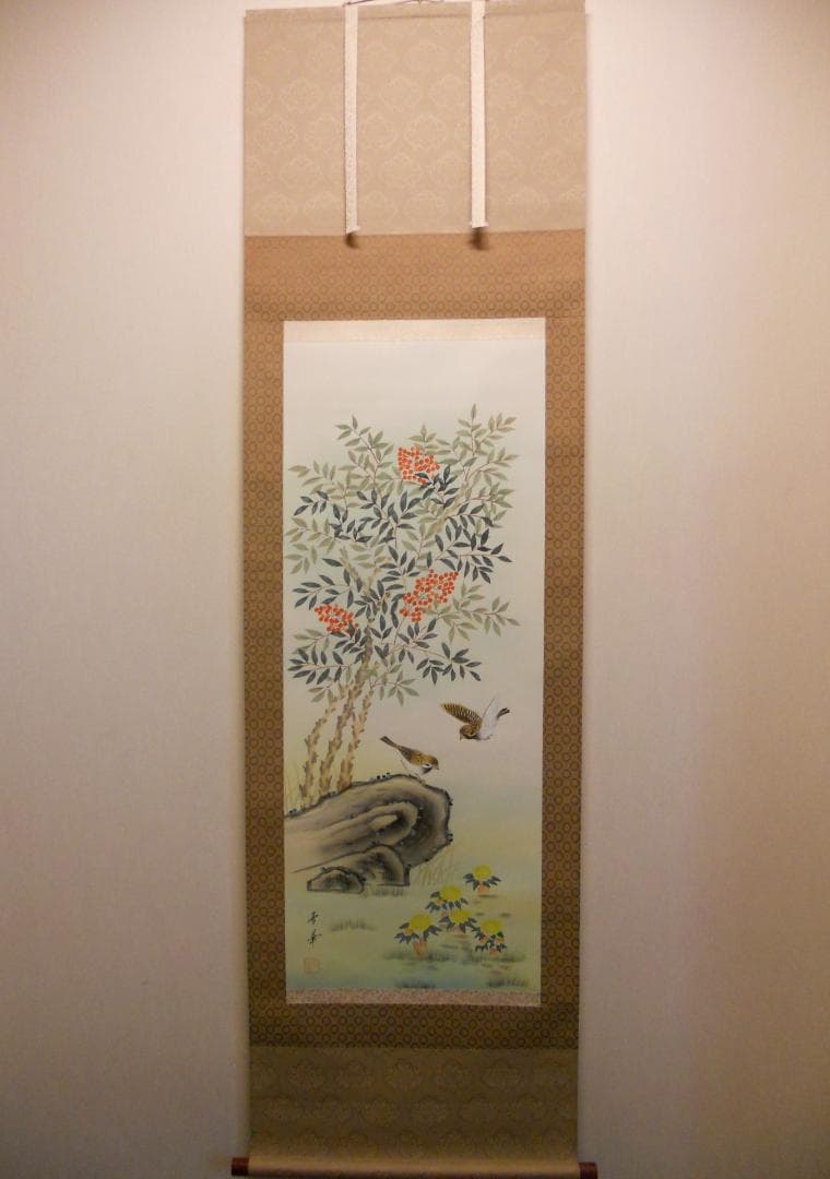 掛け軸 芳月 竹雀 絹本 希少 軸装 茶道具 掛軸 美品 です。