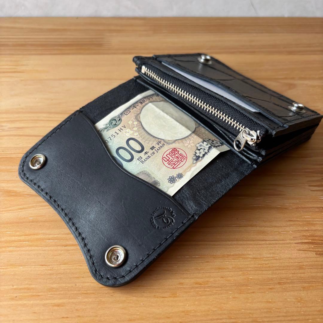 【ブラック&クロコダイル】ショートトラッカーウォレット イタリアンレザー 本革