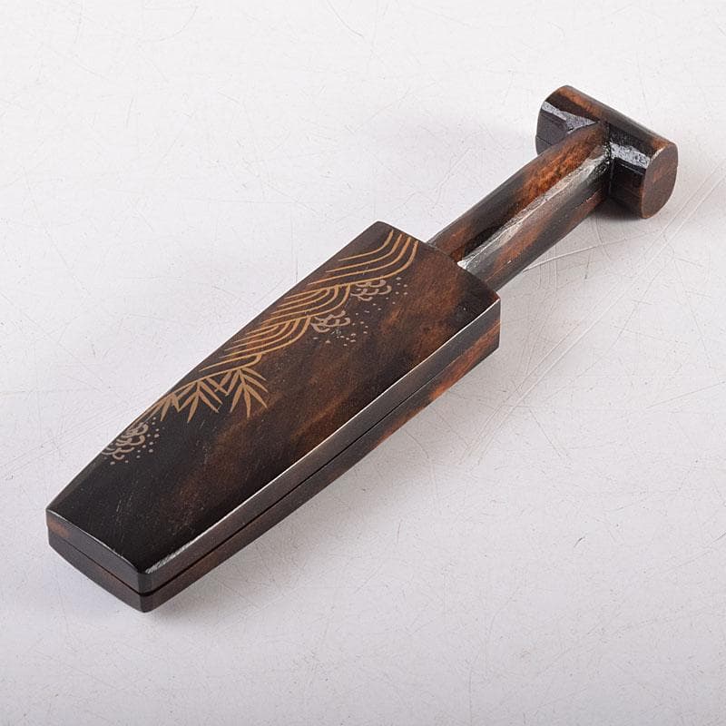 茶道具　田中宗凌造　芦に波蒔絵　黒柿櫂形香合　共箱　V　7964