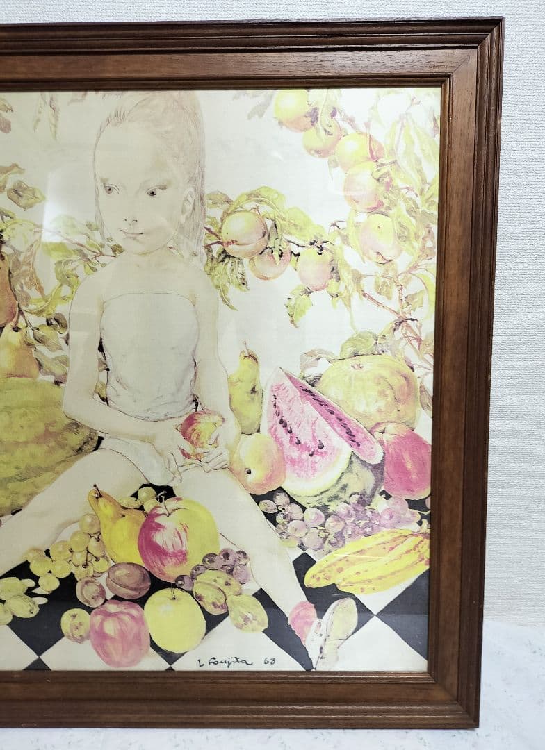 ◇ 藤田嗣治 「果物と少女」 シルクスカーフ 額/古径
