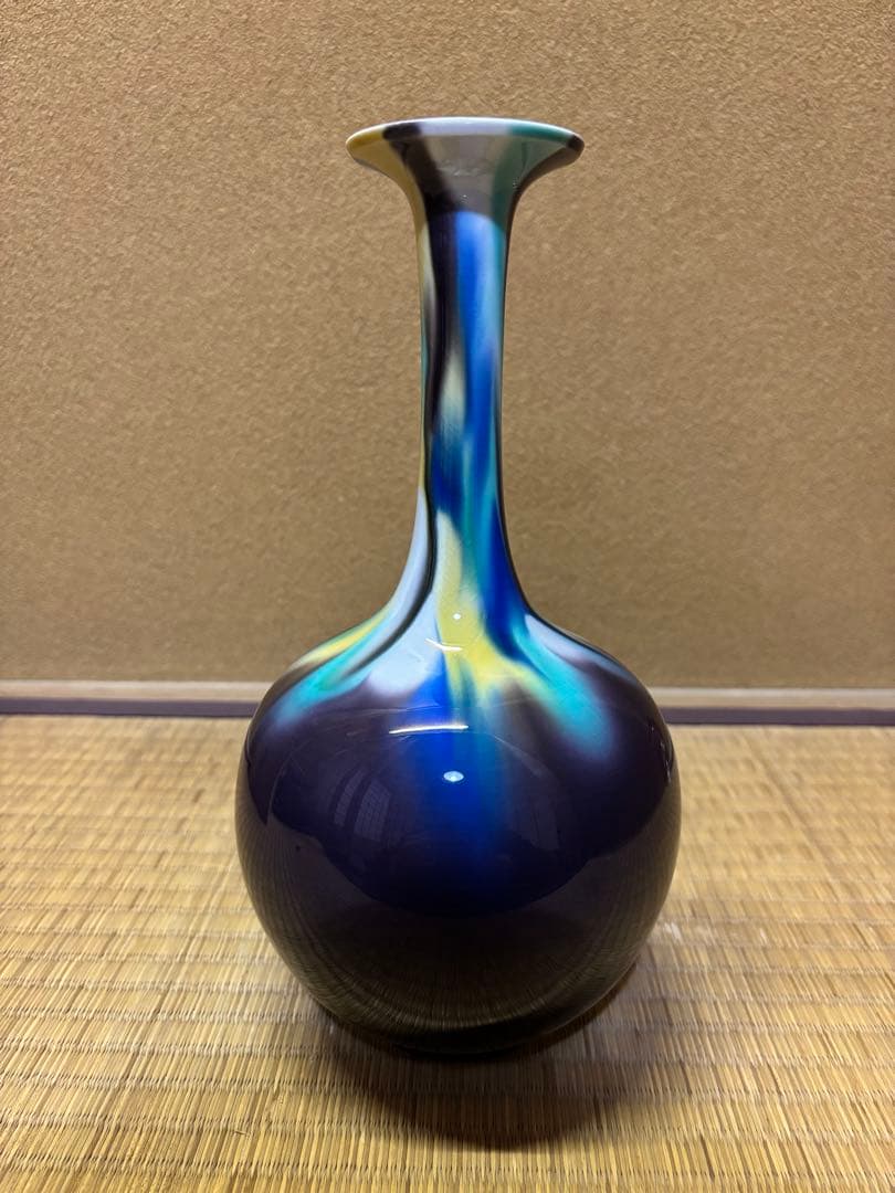 人間国宝 九谷焼 三代 徳田八十吉（正彦） 碧明耀彩 花入 花瓶 華道